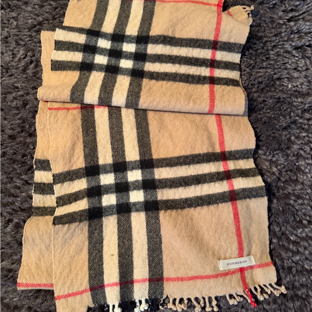 Burberry Beige Checkered Scarf With Red And Black Accents